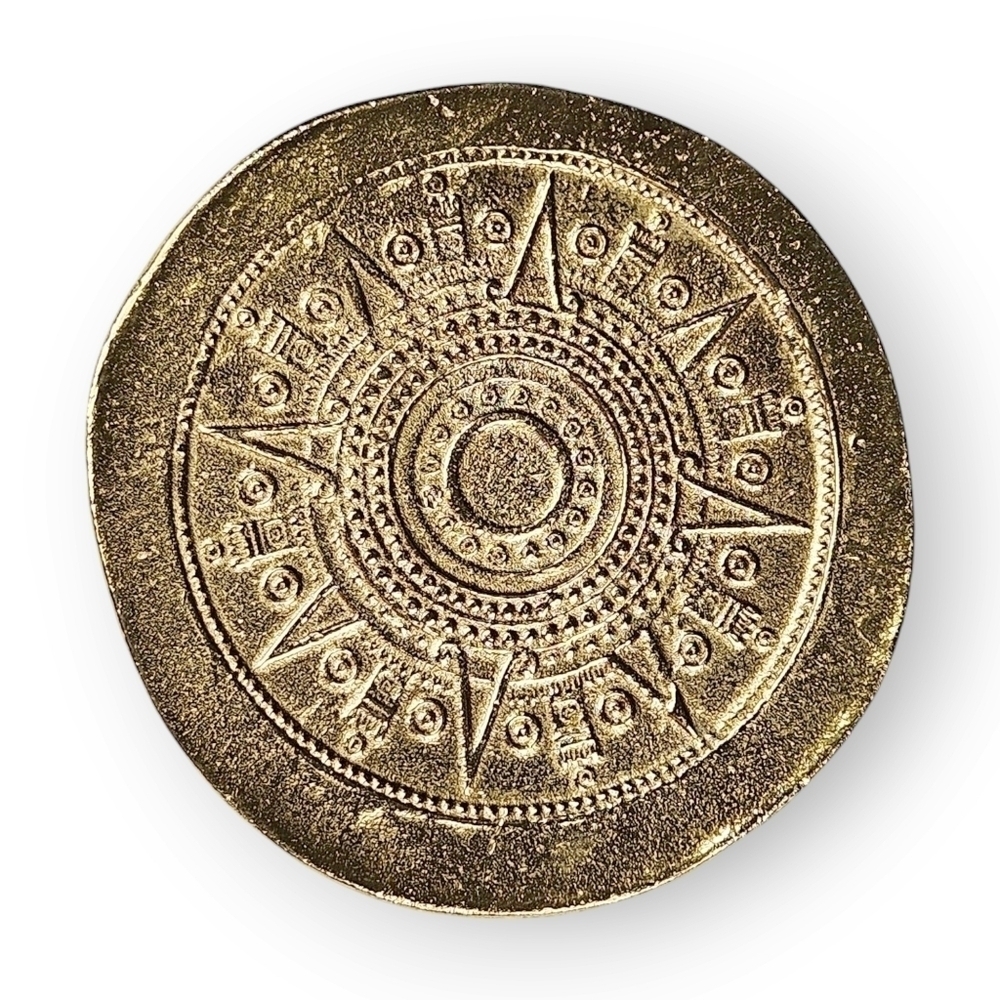 Aztec Calendar Necklace Pendant Large Heavy Gold Plated Unisex Vintage 2 5/8"